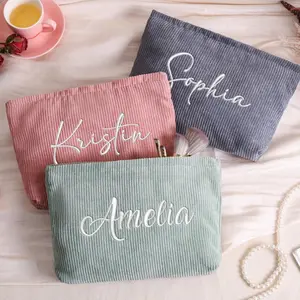 Custom Embroidered Corduroy Makeup Bag, Personalized Name Cosmetic Pouch, Bridesmaid Gift Bachelorette Travel Toiletry Bag, Aesthetic Gift for Her