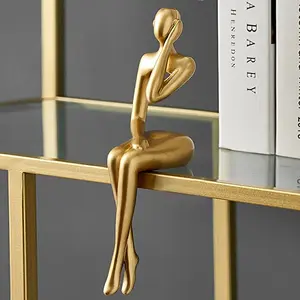 Golden Sitting Figure Sculpture, 1 Count Modern Home Decor Figurine for Bookshelf, Mini Sitting Thinker Statue