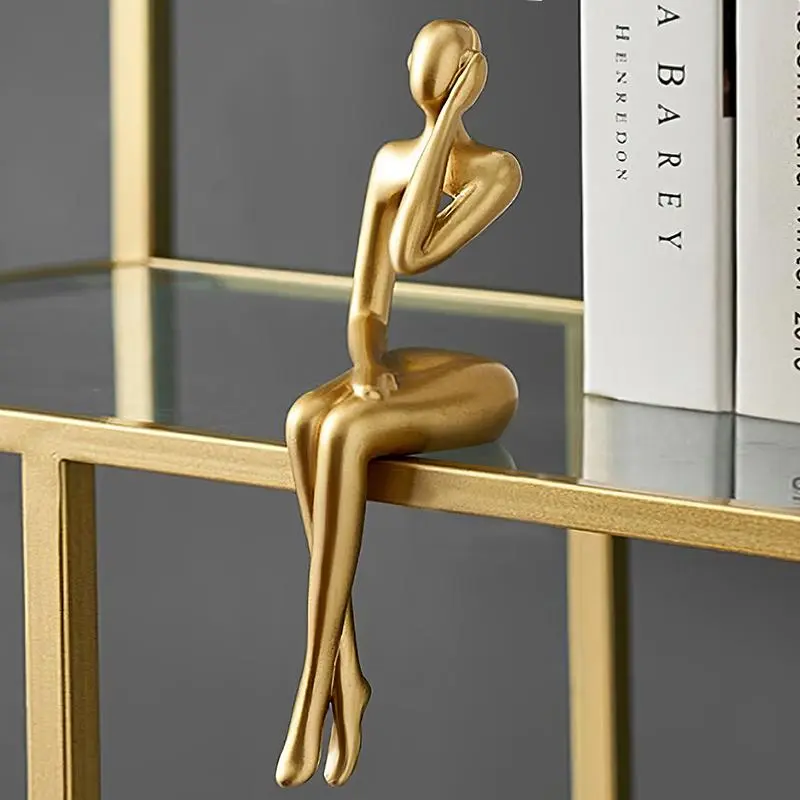 Light Golden Finish Resin Sitting Thinker Art Figurine - 1 Single Home Supplies Modern Decor Statue for Bookshelf, Desk Ornament
