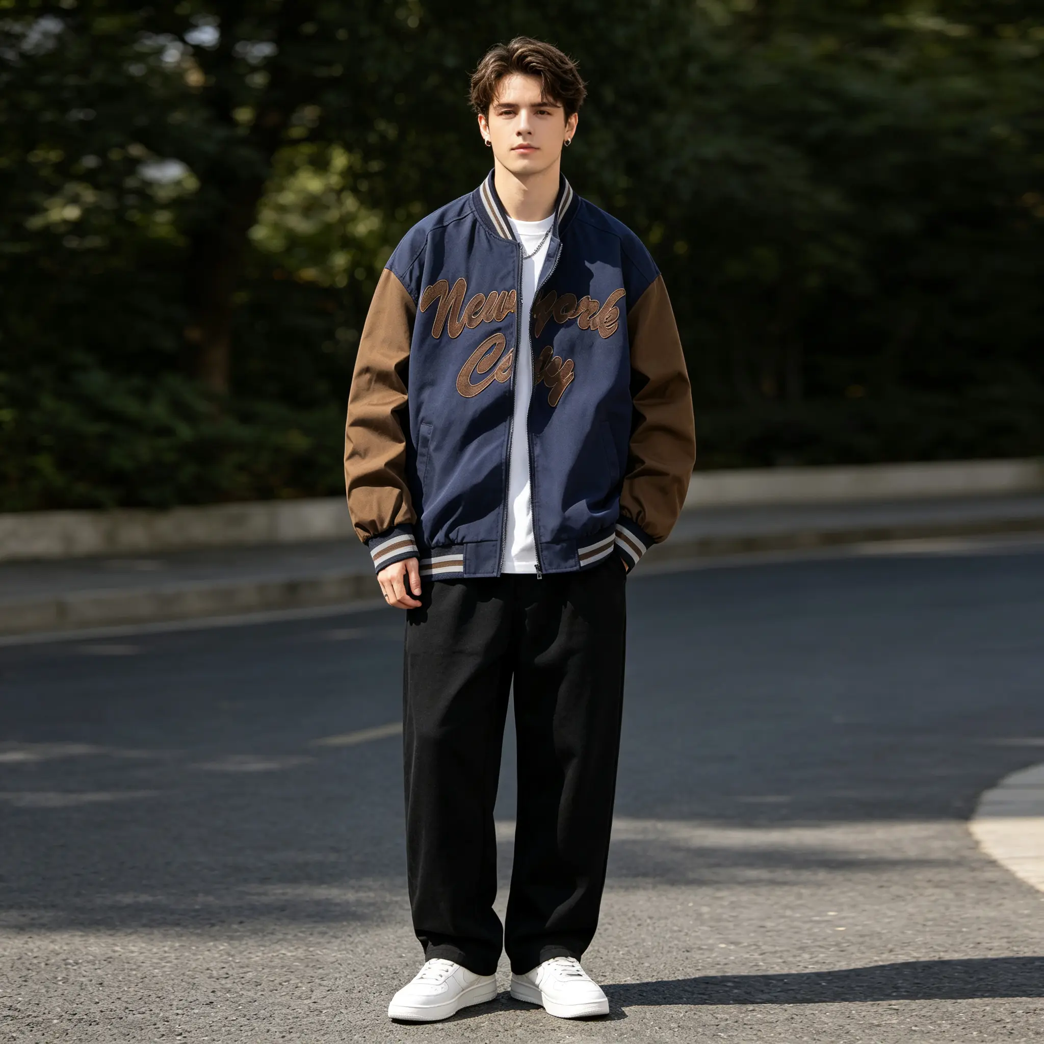 Men's Color Block Varsity Bomber Jacket - New York City Embroidered Zip-Up Casual Streetwear Coat for Fall, Spring Menswear Tops Dark Blue