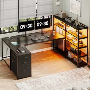 SEDETA 64.5-inch LED L-Shaped Gaming Desk with Storage Reversible U-Shaped Table with Drawers ，Wooden Top Space-Saving Corner Desk w/Metal Frame, Large Computer Gaming PC Desk, Writing Table Study Desk for Bedroom, Study, Office