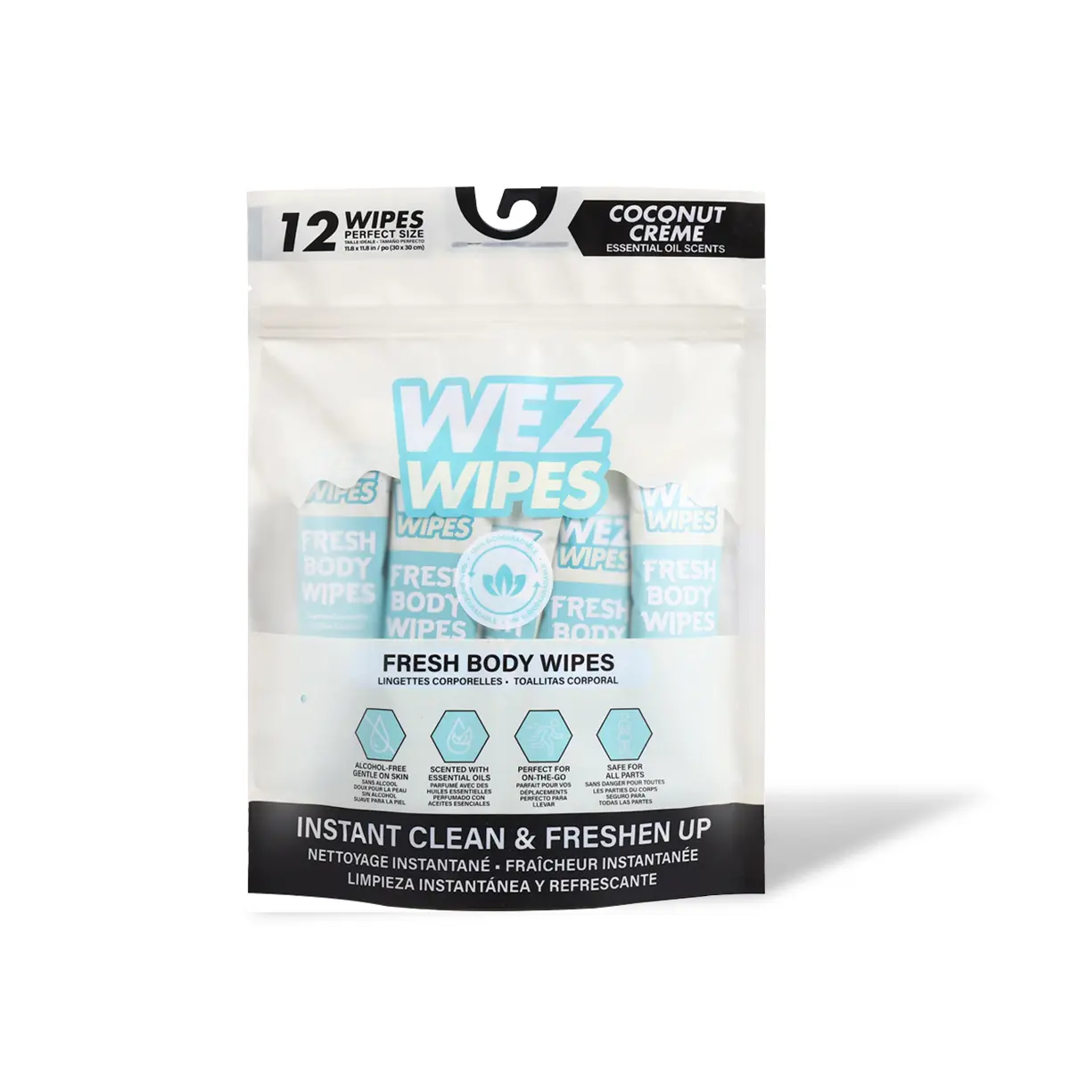 WEZ WIPES Coconut Crème Fresh Extra Large Body Wipes | 12 Alcohol-Free Biodegradable Body Cleansing Wipes with Essential Oil Scent | No Rinse Bath Wipes for Gym, Travel, Camping & On-the-Go