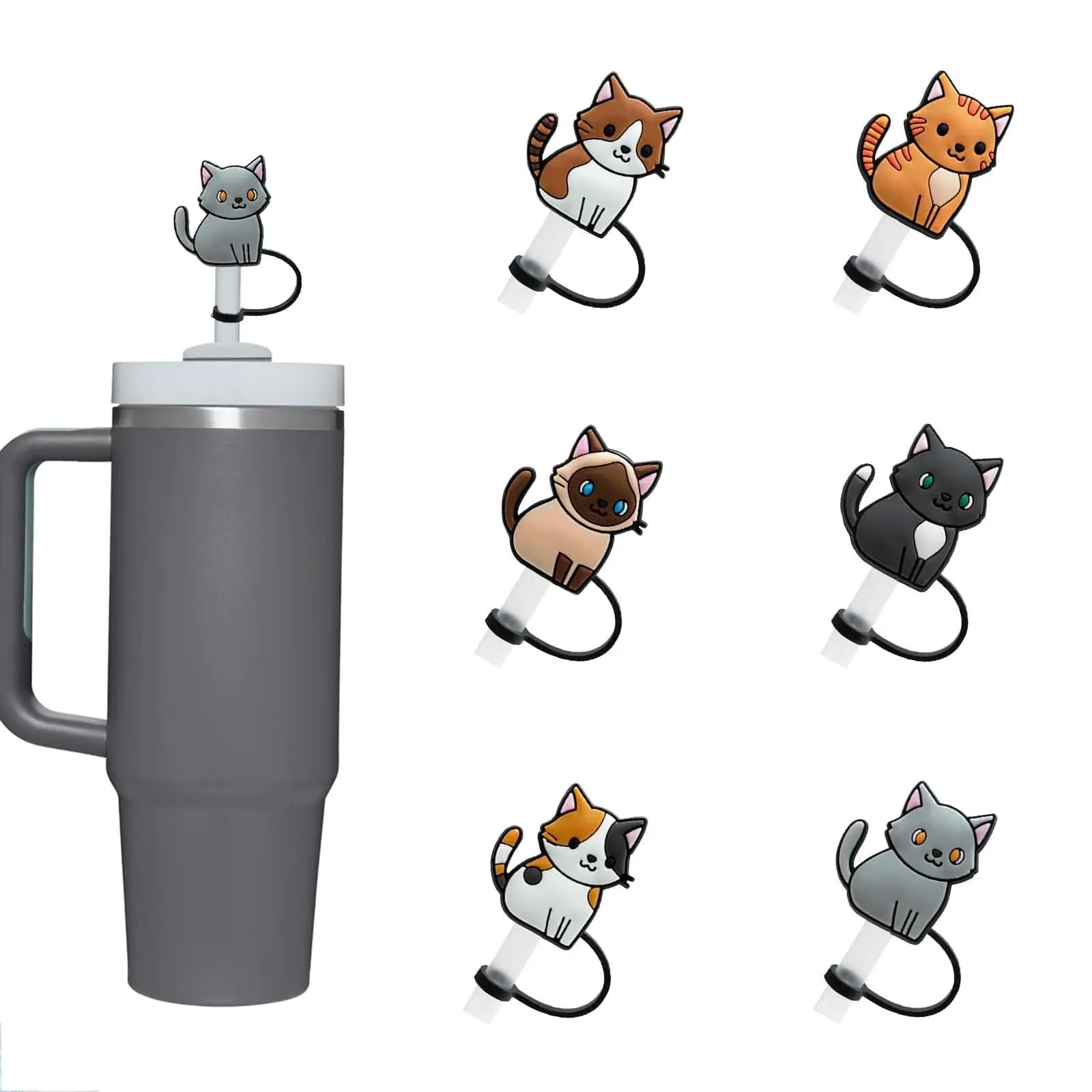Cute Cat Design Straw Topper Cap, Straw Toppers for Tumblers, Tumbler Straw Lid, 6 Counts/set Silicone Straw Cover, Straw Tips Cover Protector Plugs for 40oz 30oz Tumblers with Handle, Tumbler Accessories, Kitchenware Drink Protectors