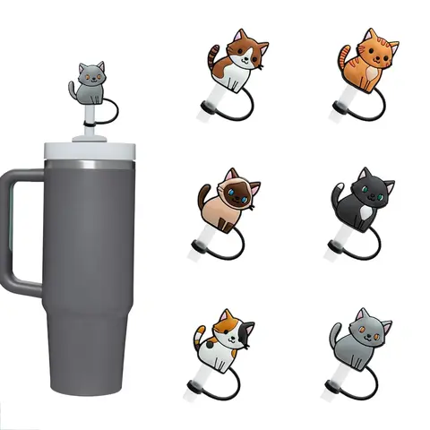 Cute Cat Design Straw Topper Cap, Straw Toppers for Tumblers, Tumbler Straw Lid, 6 Counts/set Silicone Straw Cover, Straw Tips Cover Protector Plugs for 40oz 30oz Tumblers with Handle, Tumbler Accessories, Kitchenware Drink Protectors