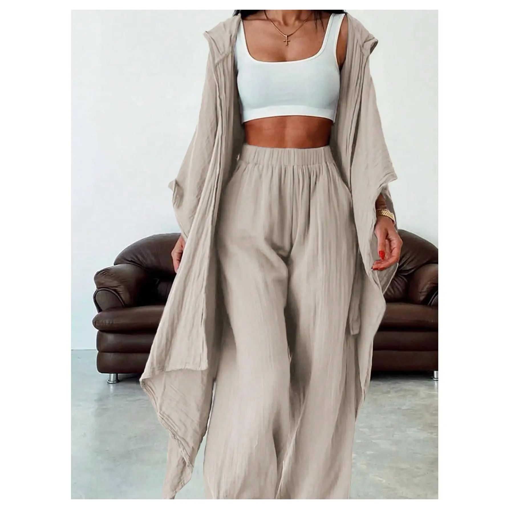 Women's 2 Piece Outfit Hooded Kimono Flowy Cardigan High Waisted Pants Casual Suits