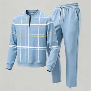 Autumn New Soil Splicing Stripe Pattern Men's Leisure Sports Set, Fashionable Classic Men's Half Zipper Round Neck Long Sleeve Top+Sports and Leisure Comfortable Pants, Suitable for Daily, Sports, and Work