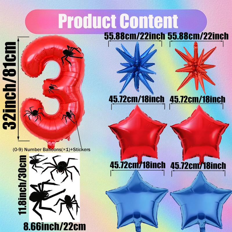 Spider Theme 32 Inch Number Aluminum Balloon with Stickers & Star Balloons, Balloon Party Supplies, Ideal for NewYear, Birthdays, Superheroes, Festivals