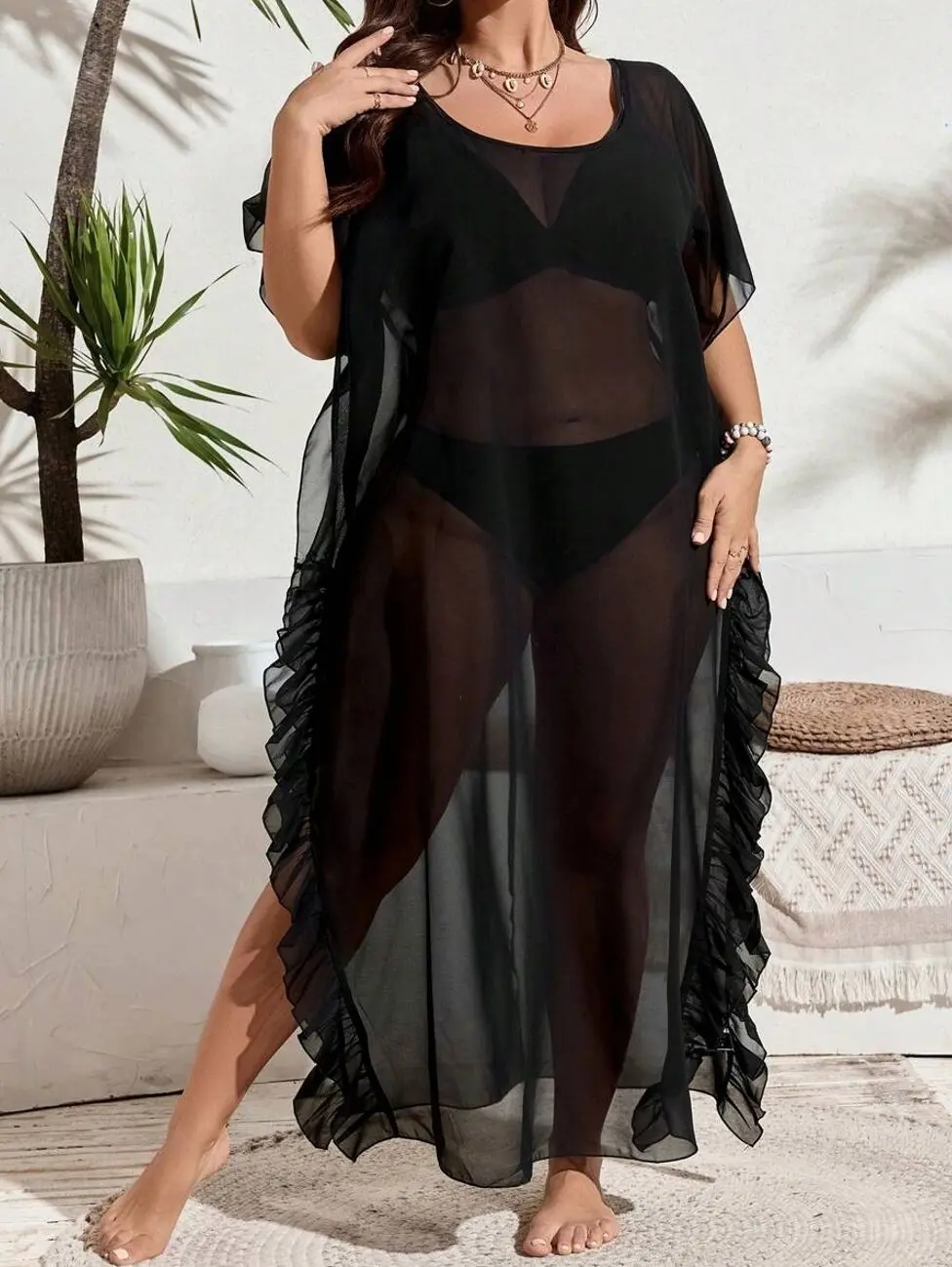 Plus Size Black Sheer Mesh Cover Up Dress, Women’s Asymmetrical Ruffle Trim Beach Kaftan for Summer Vacation and Resort Wear