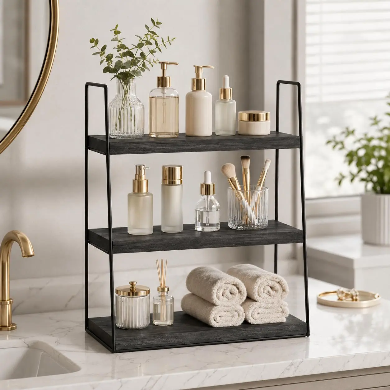3-Tier Countertop Organizer Shelf, Black Metal Frame with Rustic Wood Shelves, Freestanding Storage Rack for Bathroom, Vanity, Kitchen, Coffee Bar and Bedroom