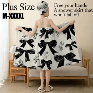 Bow Print Shower Skirt & Matching Head Wrap Set, Plus Size M - XXXXL, Hands - Free Non - Slip Bath Wrap for Valentine’s, Daily, Spa & Home, Elegant Black - White Design, Comfortable & Stylish