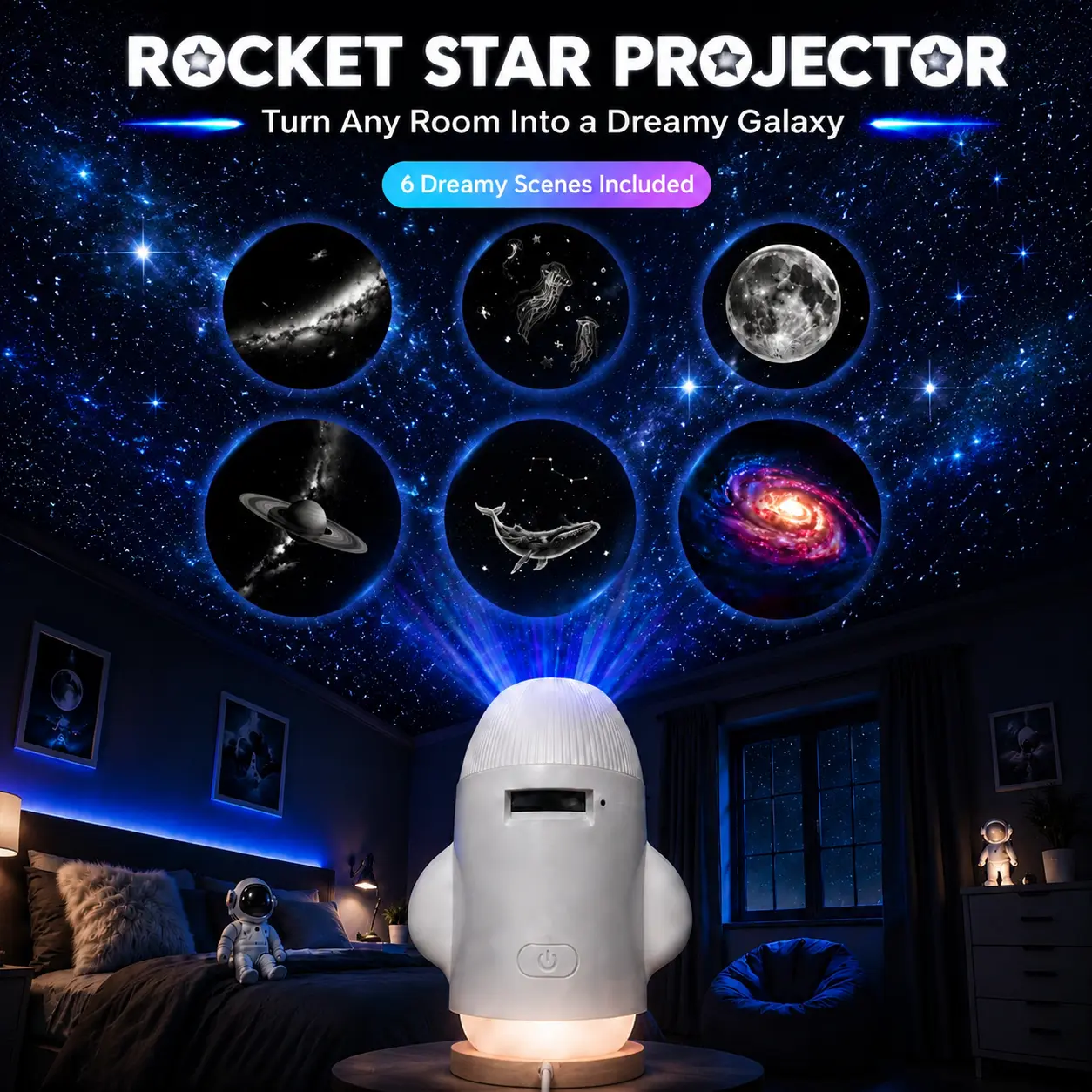 2-in-1 Galaxy Projector Night Light, LED Starry Sky Lamp with 6 Replaceable Galaxy Scene Slides, Cozy Warm Light, USB Powered Room Decor for Bedroom, Nursery, Gaming Setup, Dorm,   Party, Christmas Birthday Gift