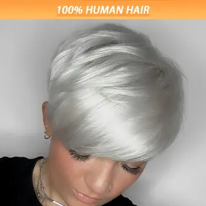 2025 NEW Fashionable Short Ombre Gray Pixie Cut Hair Wig with Bangs for Daily Wear Human Hair Pixie Cut Glueless Layered Wig Wavy Grey Wigs for Women for Christmas Party, Cosplay, Daily Use Glueless Full Machine Made Wigs