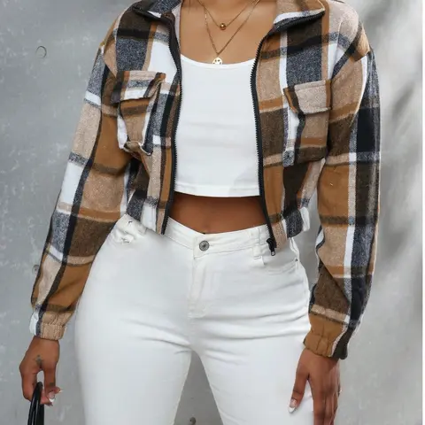 Women's Fall Winter Plaid Button Front Pocket Jacket, Casual Fitted Long Sleeve Woven Coat, Ladies Fashion Outerwear with Pockets
