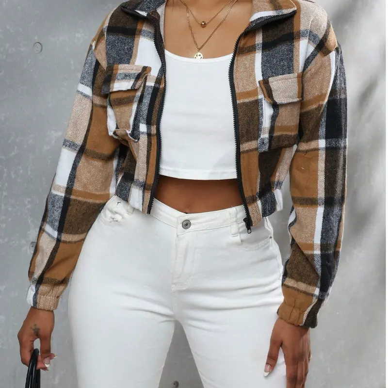 Women's Fall Winter Plaid Button Front Pocket Jacket, Casual Fitted Long Sleeve Woven Coat, Ladies Fashion Outerwear with Pockets