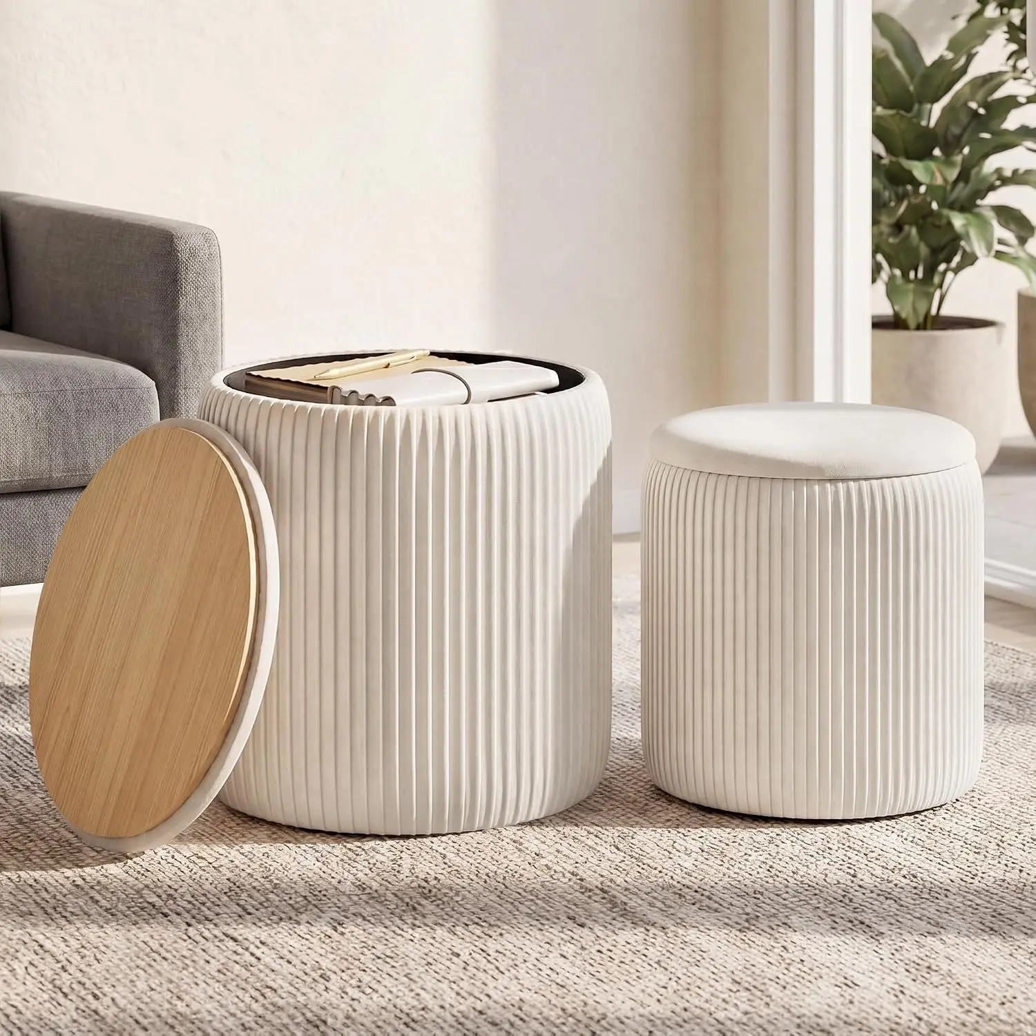 SONGMICS 2-Piece Round Velvet Ottoman Stools with 45cm Round Base, MDF+Velvet Foam Compact Storage Ottomans, Removable Lid, Easy Assembly for Living Room, Bedroom