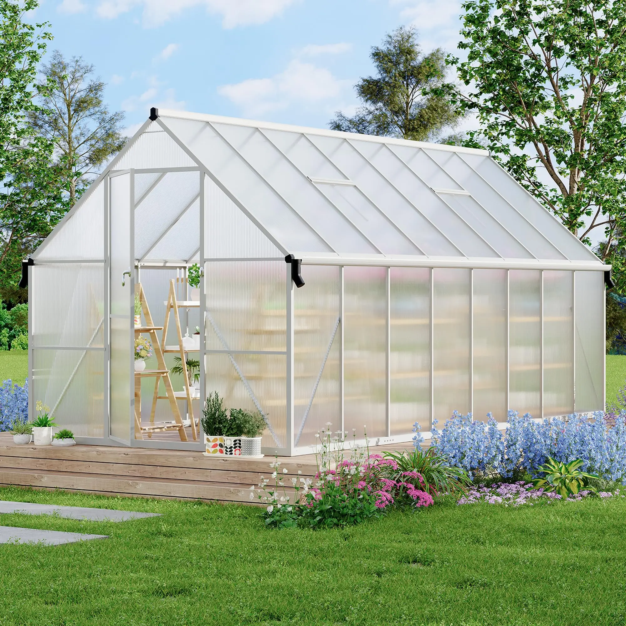 Gaomon Modern 8x16 ft Adjustable Polycarbonate Walk-in Greenhouse with Aluminum Frame - Outdoor, Equipped with Ventilation and Rain Gutter