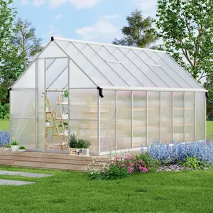 8X16 ft Polycarbonate Greenhouse with Aluminum Frame, Polycarbonate Greenhouse for Outdoors, Greenhouses with Ventilation and Rain Gutter, Aluminum Large Walk-in Greenhouses for Outside