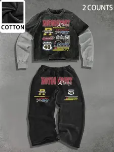 Men's Vintage Racing Style Motorsport Print Cotton Fitted Two-Piece Set, Comfortable Casual Wear for Spring Fall Winter, Daily Choice