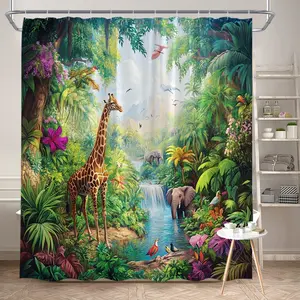 1Pc Exotic Jungle Animal Shower Curtain Giraffe Elephant Bird and Tropical Plants Colorful Nature Design Polyester Fabric Bath Hanging Curtain Bathroom Decor 70.8x70.8 Inch with Hooks