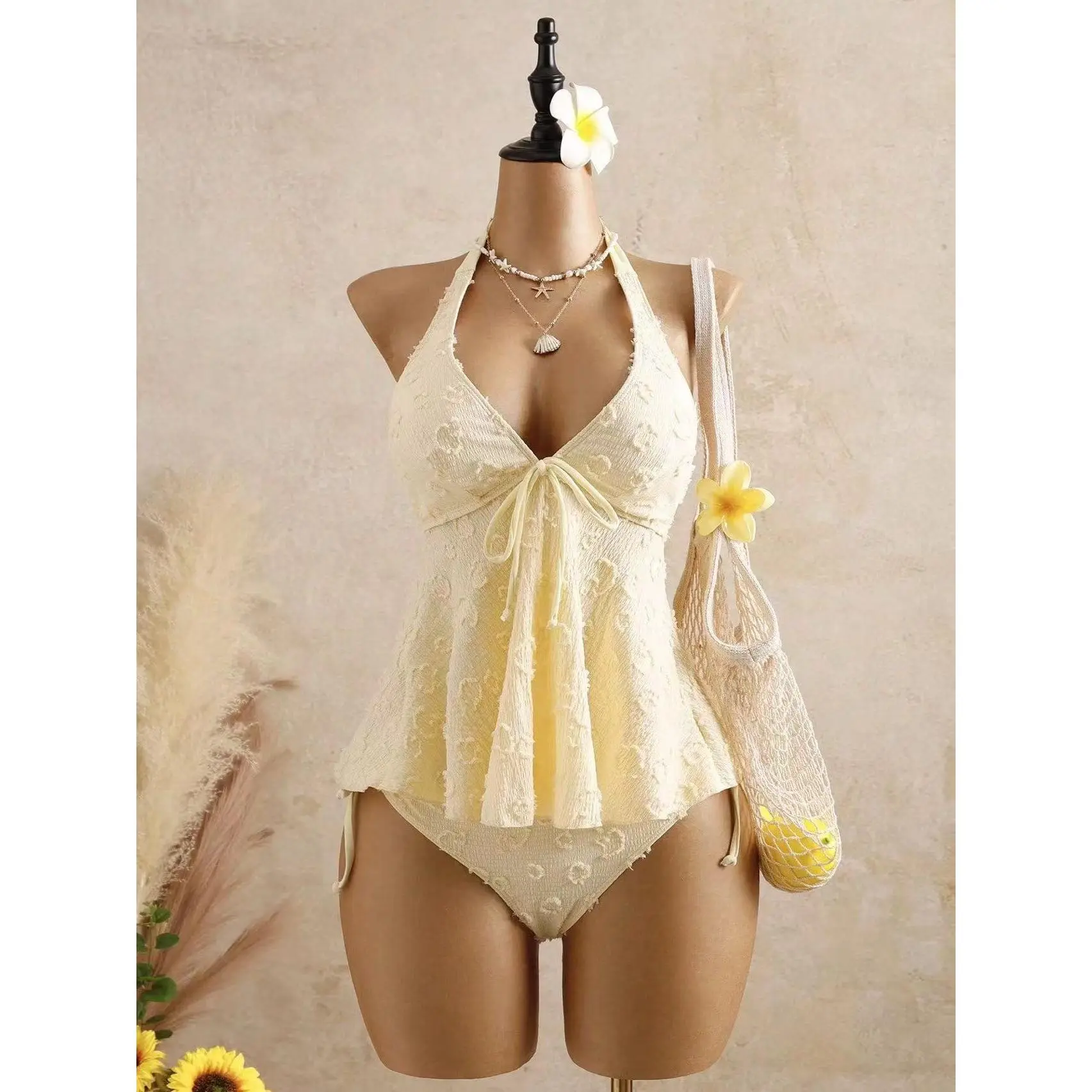 2026 Popular Lace Swimsuit with Halter Neck Tie Straps Ruffles Figure Flattering Two Piece Bikini for Hot Springs