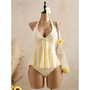2026 Popular Lace Swimsuit with Halter Neck Tie Straps Ruffles Figure Flattering Two Piece Bikini for Hot Springs