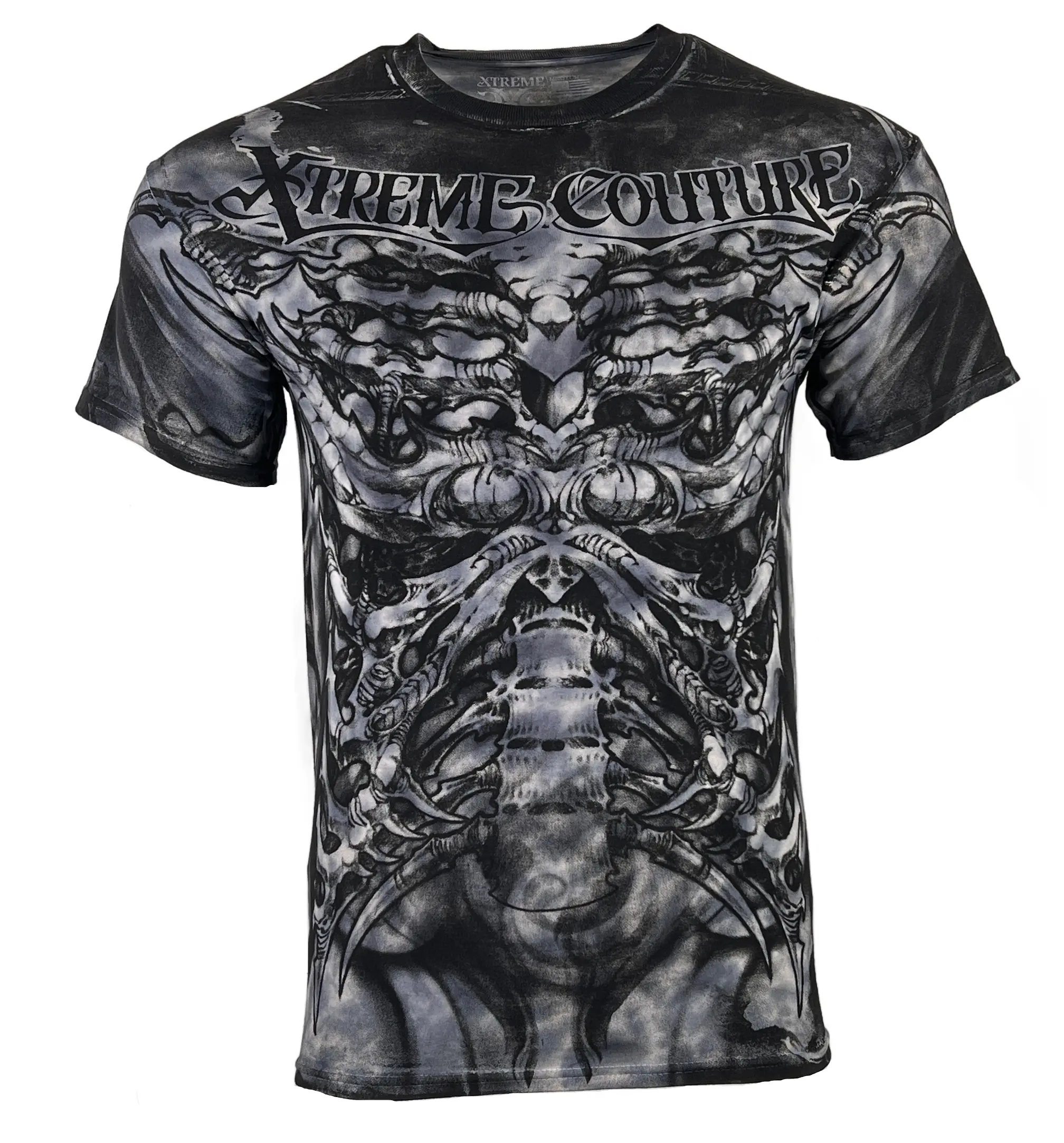 Xtreme Couture By Affliction Men's Shortsleeve Cotton T-Shirt - Round Neck, Biomechanical Print, Alternative Goth Streetwear Casual Top, Fitted Cut, Printed Front/Back, Biker, Gothic, Refer To Sizing Chart