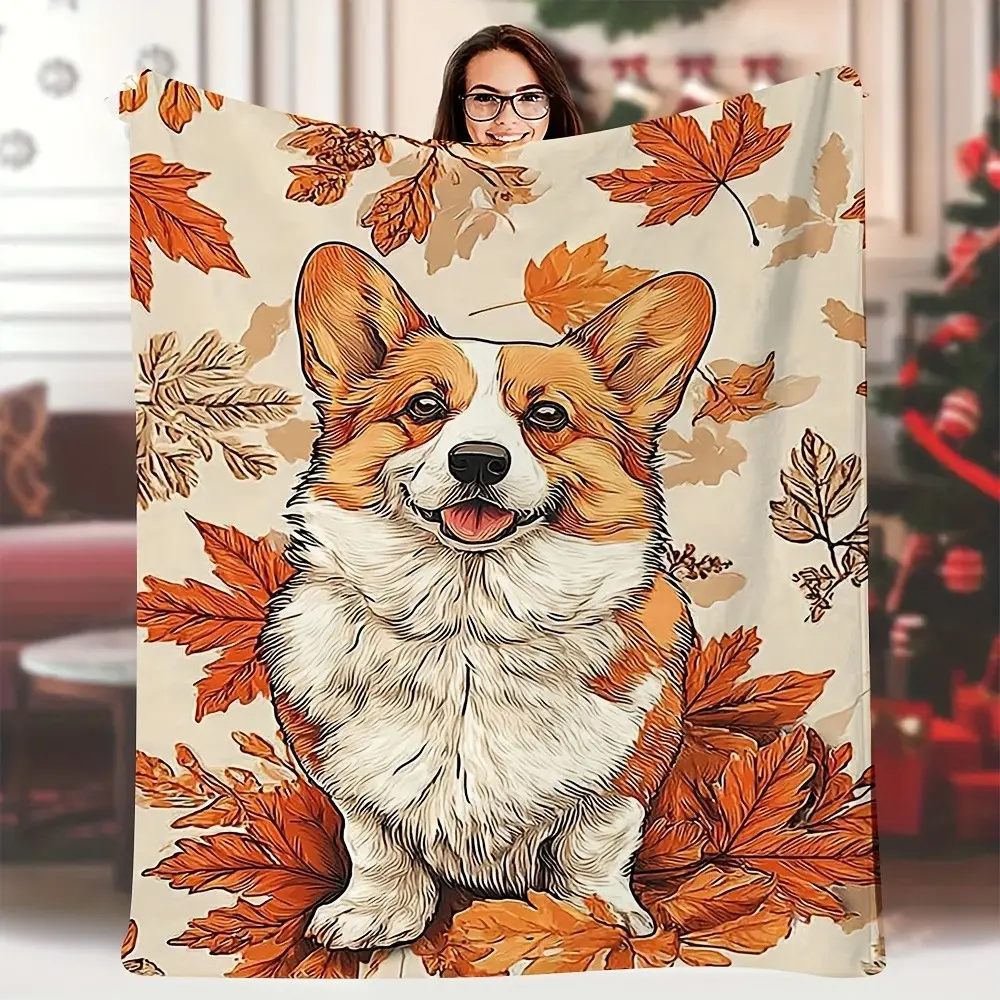 Customized Soft Flannel Corgi & Autumn Leaves Blanket - All-Season Throw for Couch, Bed - Cozy Adults, Children Animal Decor - Perfect Birthday Gift for Corgi Lovers