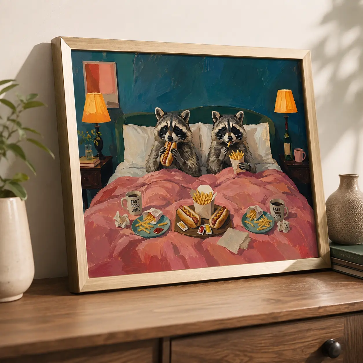 Funny Raccoon Wall Art, Fast Food in Bed Poster, Quirky Animal Print, Vintage Style Bedroom Decor, Gift for Raccoon Lovers