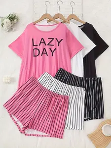 Women's Plus Size Casual Knitted Short Sleeve Shorts Set, Letter Print Three-Piece Sleepwear Home Wear Spring Summer Outerwear Loungewear Pajama Fit Homewear Womenswear