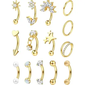 CASSIECA 16G Rhinestone Surgical Steel Curved Barbell Body Jewelry Set, 14 Pcs for Women’s Rook, Daith, Tragus, Cartilage, Vertical Labret Lip & Gold Eyebrow Piercings, Rhinestones Summervibes