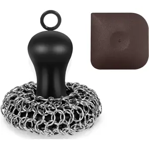 Cast Iron Cleaner Scrubber with Pan Scraper Upgraded Chain Mail Scrubber Cleaning Kit Metal Chainmail Scrubbing Sponge Brush for Cleaning Pan Skillet Grill Dutch Oven Wok