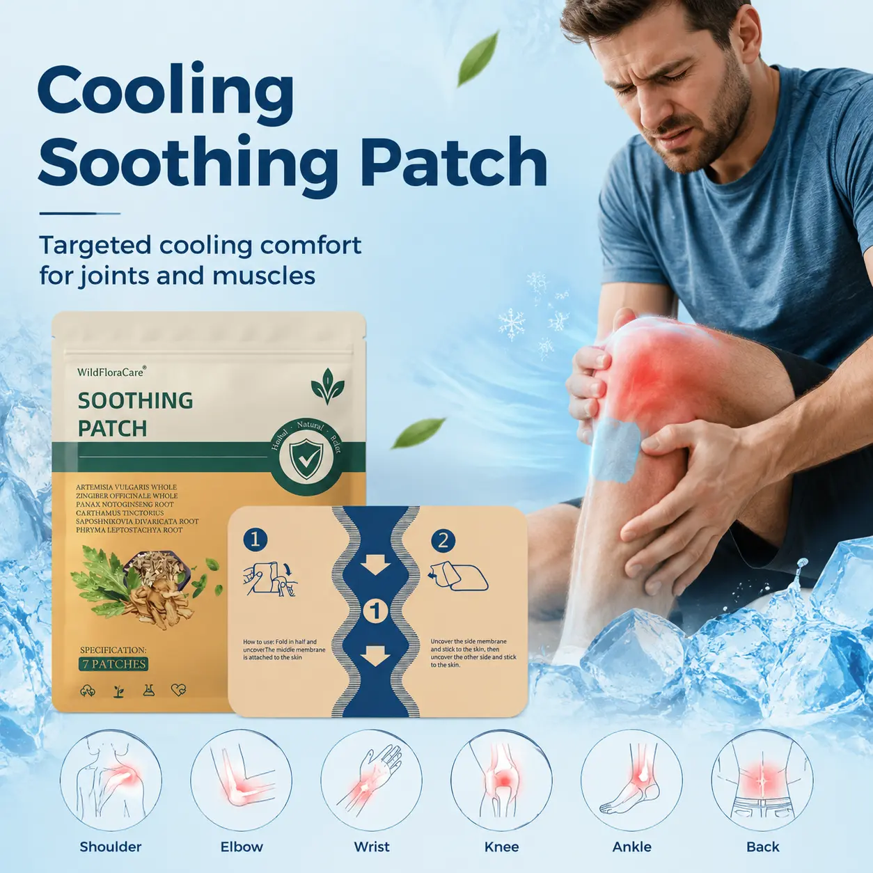 WildFloraCare Herbal Cooling Patch for Knees, Back, Neck & Shoulders