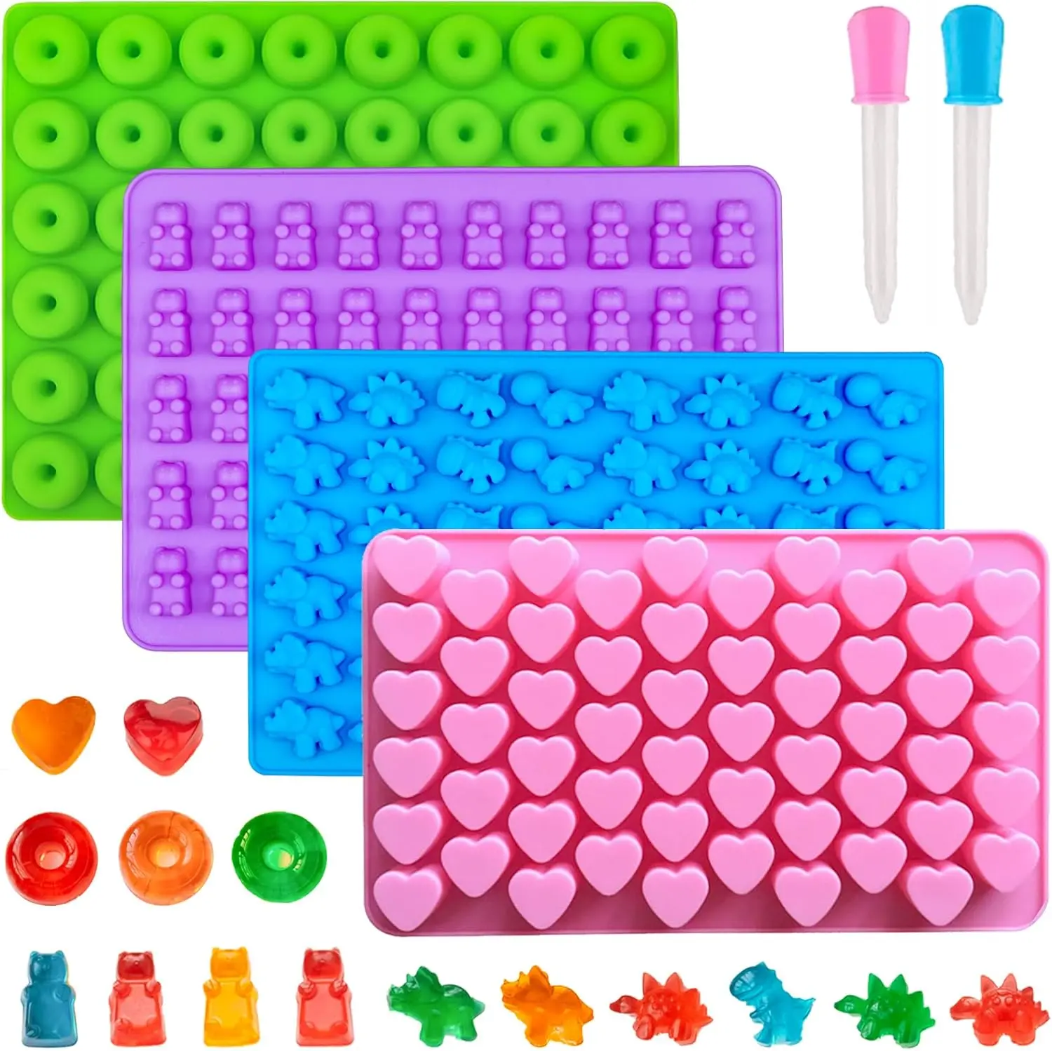 Reusable Food-Grade Non-Stick Silicone Candy Molds - 4-Piece Set with 210 Mini Cavities, 2 Droppers, Dinosaur, Heart, Bear, Donut Shapes, Flexible & Easy to Clean