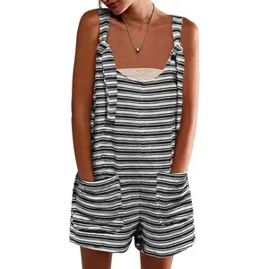 Yousify Women's Striped Sleeveless Romper Loose Fit Tied Shorts Jumpsuit with Pockets for Summer & Fall Casual Wear Scoop Neck Adjustable Drawstring Wide Legs