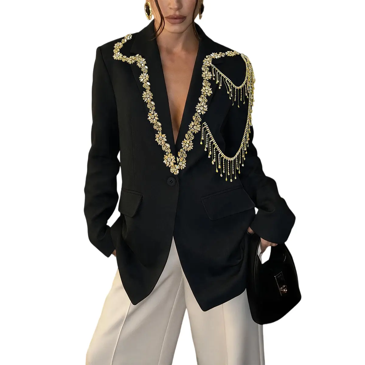ASANDY Women’s Rhinestone Blazer Jacket, Crystal Embellished Tassel Fringe Long Sleeve Suit Jacket, Elegant Going Out Party Statement Blazer for Women