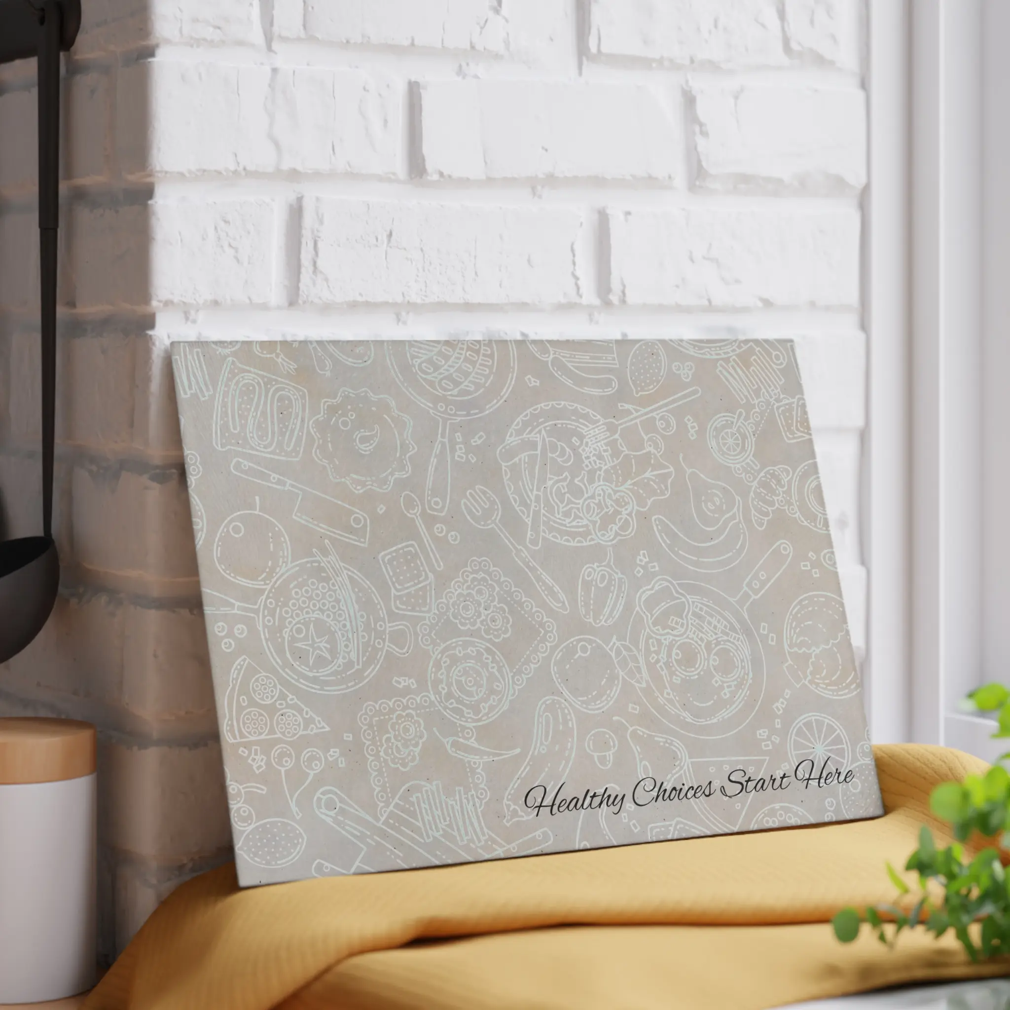 Healthy Choices Start Here Glass Cutting Board | Food Illustration Kitchen Decor