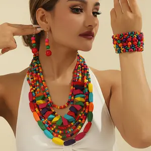 Bohemian Multi-Layer Beaded Statement Jewelry Set, Colorful Wood Bead Necklace Earrings Bracelet Set for Women