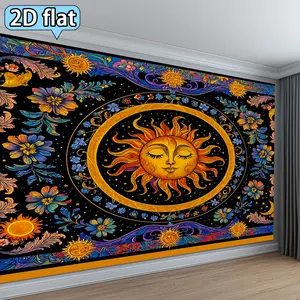 2D Flat Backdrop: Sun with Human Face, Surrounded by Flowers & Moon. Whimsical & Ornate Design Perfect for Sun & Nature Festivals. Ideal for Room, Living Room & Home Decor.