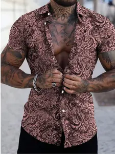 Men's Boho Paisley Print Casual Button Down Shirt, Single Button Short Sleeve, Elastic Waistband & Pockets, Summer Fall Holiday Beach Wear