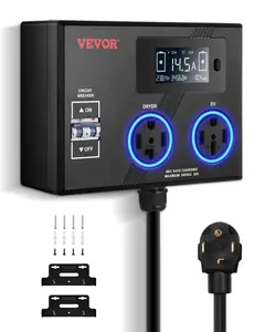 【fathersdaygift】VEVOR NEMA Splitter for Dryer and EV, 3-Color LED Indicator, 240V Smart Power Distribution, With NEMA 14-30 Plug, NEMA 14-30 & NEMA 14-50 Outlets, Large 3.4-Inch LCD Screen, for Max 24A Dryer or EV