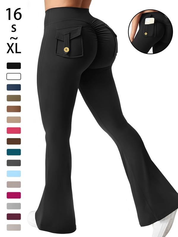 Women's High Waisted Tight Fit Flare Pants with Pockets, V-Shape Waist Design, Butt Lifting Yoga Pants, Casual Fall Winter Workout Wear, High Stretch Leggings