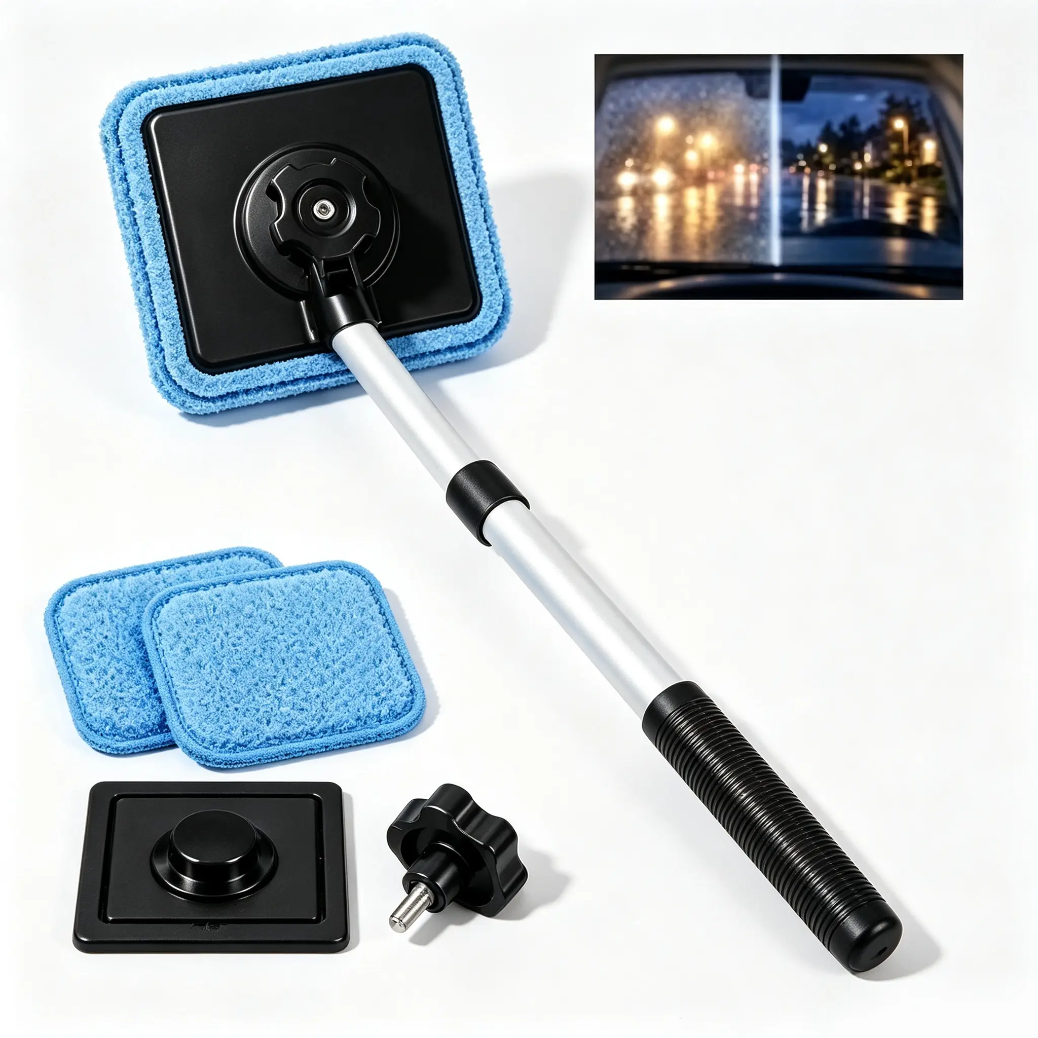 Telescopic Auto Windshield Cleaner Kit, Streak-Free Car Glass Cleaning Tool with Replaceable Microfiber Pads, Car Window Washing Accessory