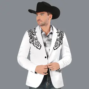 MENS DOUBLE BUTTON EMBROIDERY BLAZER MT2185 WHITE MEDIUM LENGTH ALL SEASON PLAID PATTERN TWO REAL POCKET INSIDE SATIN LINNING Menswear Suit Jackets Long Sleeve Workwear