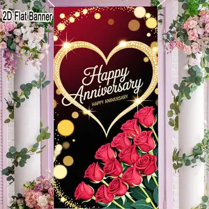 2D flat banner, 1pcLuxury Happy Anniversary Card | Maroon & Black Background Ornate Heart Rhinestone Design, Red Rose Bouquet, Golden Bokeh Sparkles - Romantic Celebratory Greeting Card for Weddings & Anniversaries