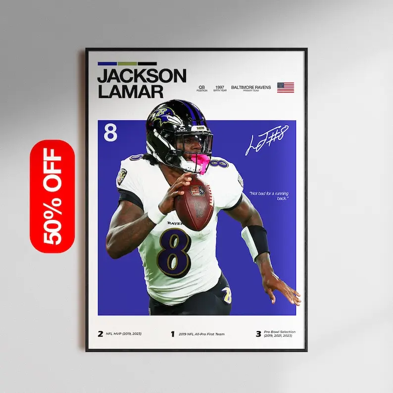 [Unframed Poster] Lamar Jackson Poster, Baltimore Ravens Wall Art, NFL Football Print, MVP Quarterback , Sports Decor Gift for Ravens Fans