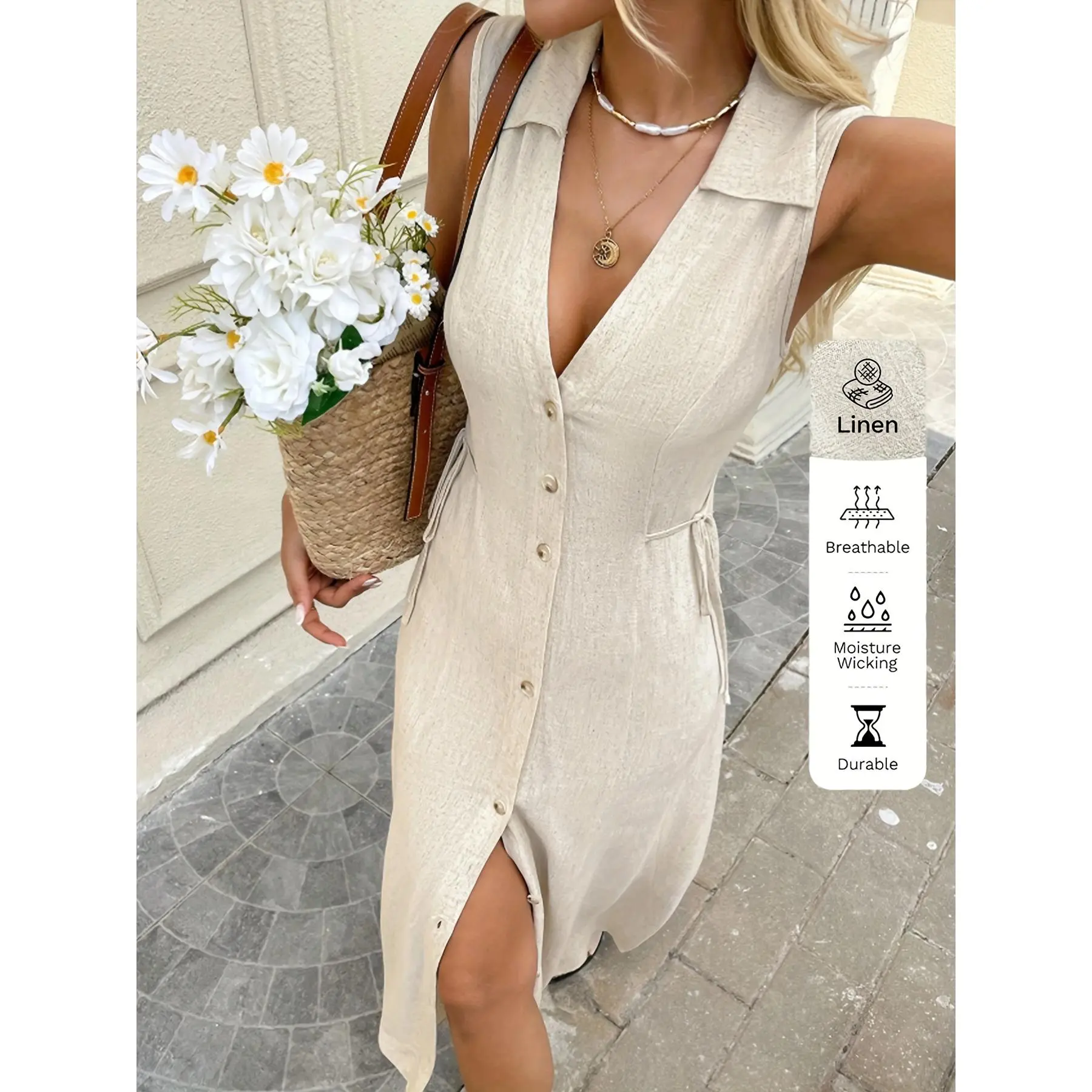 Elegant Linen Midi Dress for Women, Solid A-Line Casual Button-Front Shirt Dress with Lapel Collar for Office & Vacation, Woven, Lightweight Linen Casual Dresses