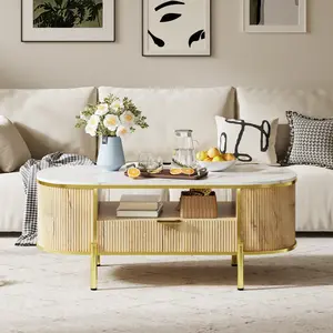 Modern Oval Fluted Coffee Table, Faux Marble Top with 2-Tier Storage Shelf and Drawer, Curved Gold Metal Legs, Elegant Center Table for Living Room Apartment