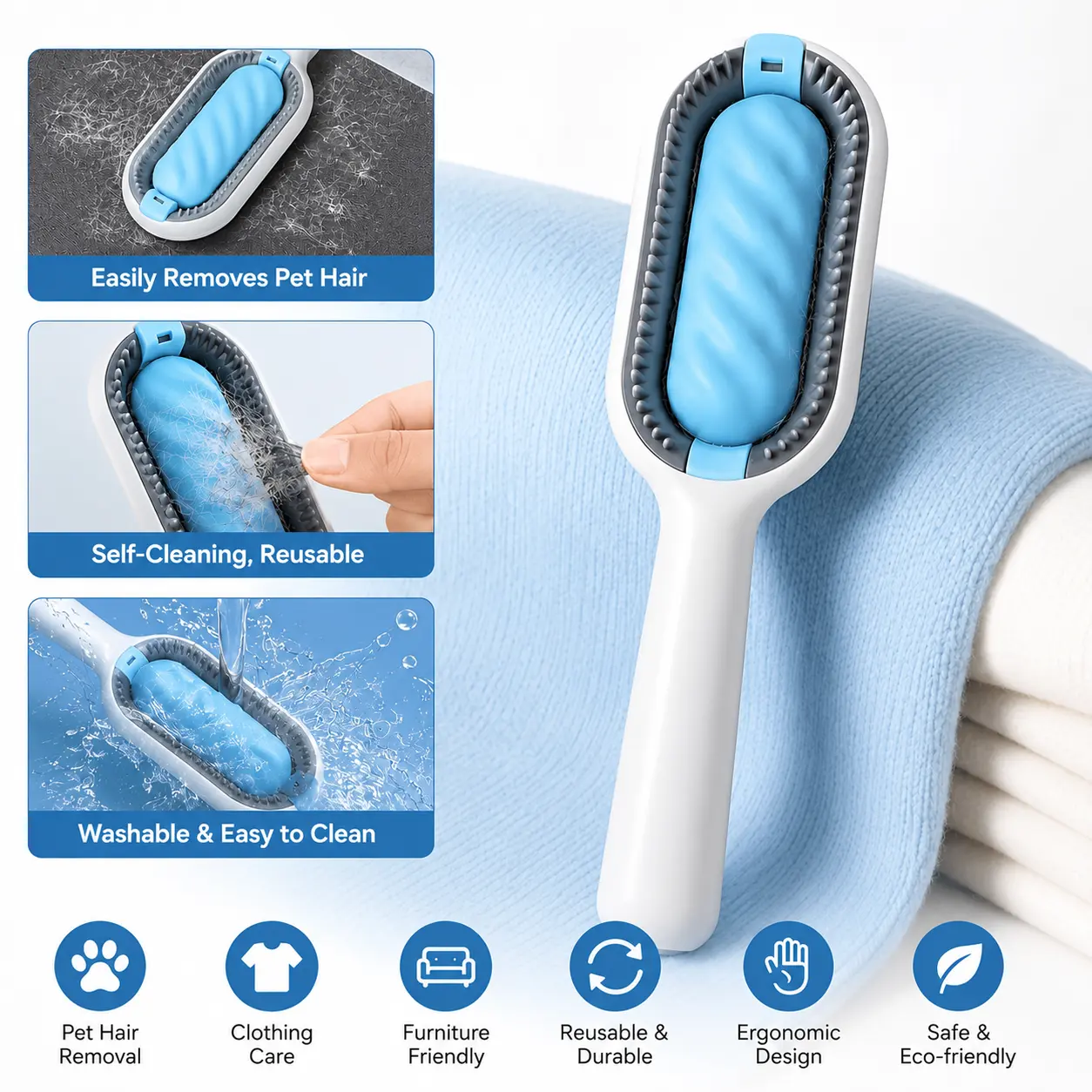 Premium 3-in-1 Pet Hair Remover Tool, Reusable Fur and Lint Cleaning Brush for Furniture, Couch, Carpet, Clothing and Car Interior, Washable Multi-Surface Cleaner for Dog and Cat Owners