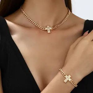 Niche fashion cross necklace bracelet personality all-match thick chain jewelry set