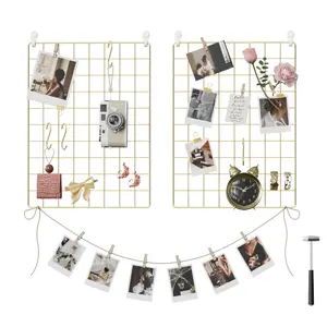 Grid Photo Wall, 16.5 x 12.2 Inches, Set of 2, Wire Wall Grid Panel, Photo Wall Display, DIY, Hanging Picture Wall with S Hook, Clip, Hemp Cord, Golden ULPP01GD